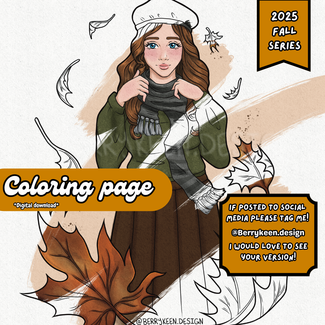 Illustration of a person in fall attire with leaves and text about a 2025 fall series coloring page.