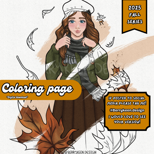 Illustration of a person in fall attire with leaves and text about a 2025 fall series coloring page.