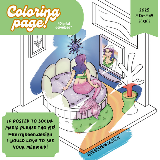 Coloring page of a mermaid in a shell bed with text and branding elements.